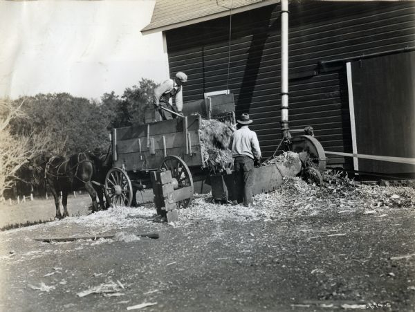 Two farmers use a blower or silo filler(?) on the Zyder and Anderson farm. One man is working in the back of a horse-drawn wagon.