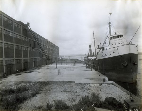 A ship marked "Beaverton" docks near Hamilton Twine Mills while another anchors behind it.