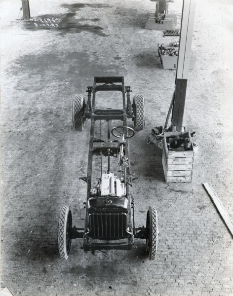 Elevated view of what is likely an International Model 63 truck chassis.