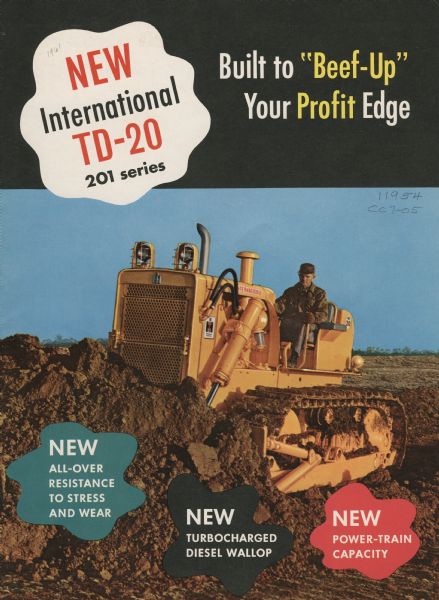 Advertising brochure for an International TD-20 201 series crawler tractor (TracTracTor). The cover color illustration shows a man operating the crawler tractor outdoors.