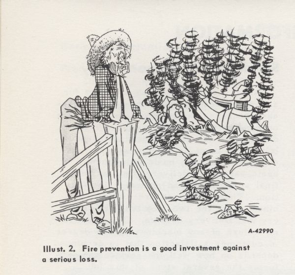 Cartoon from an International Harvester operator's manual. The cartoon appears under the heading: "Preparing the Tractor". The cartoon depicts an elderly man wearing a straw hat, leaning his elbows on a wooden fence post with his head in his hands staring out at his burnt cornfield and ruined tractor. A caption below the cartoon reads: "Illust. 2. Fire prevention is a good investment against a serious loss."