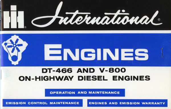Cover of an operator's and maintenance manual for International DT-466 and V-800 on-highway diesel engines.