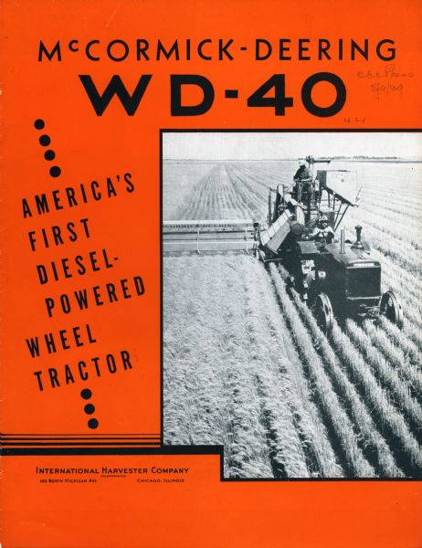 Cover of an advertising brochure for the McCormick-Deering WD-40, "America's First Diesel-powered Wheel Tractor."