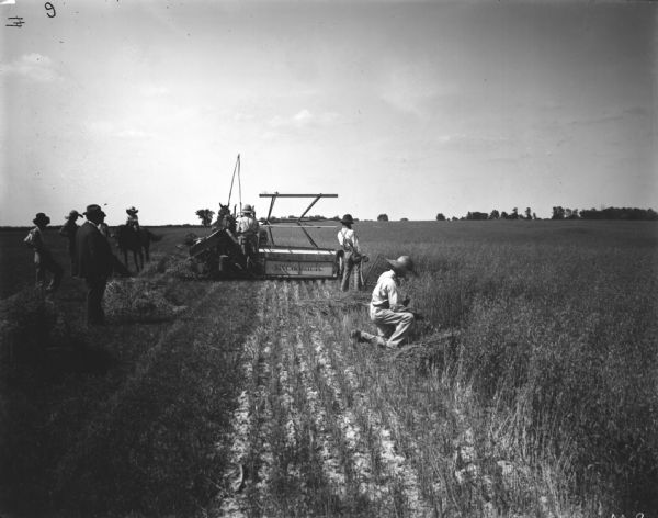 A group of farm workers harvesting grain in a field. One of the crew members is operating a McCormick grain binder pulled by two horses. A man in a dark suit, perhaps a landowner or company representative, is looking on.
