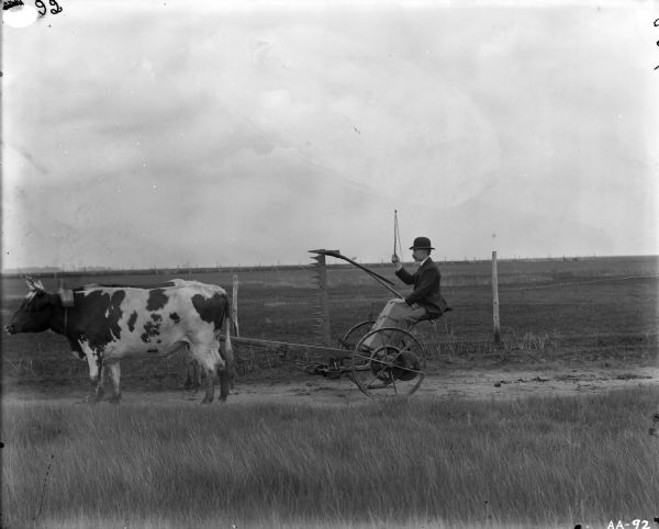 A man wearing dress clothes and holding a raised switch is driving an ox-drawn mower down a path in a field. The man is also wearing a bowler or derby hat and eyeglasses. He appears to be holding a suitcase between his legs. There are both barbed (?) wire and split-rail fences in the background.