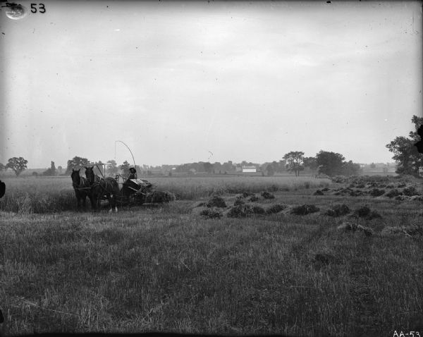 A farmer is operating a grain binder pulled by two horses in a field. His switch is drawn. Farm buildings are in the distance.