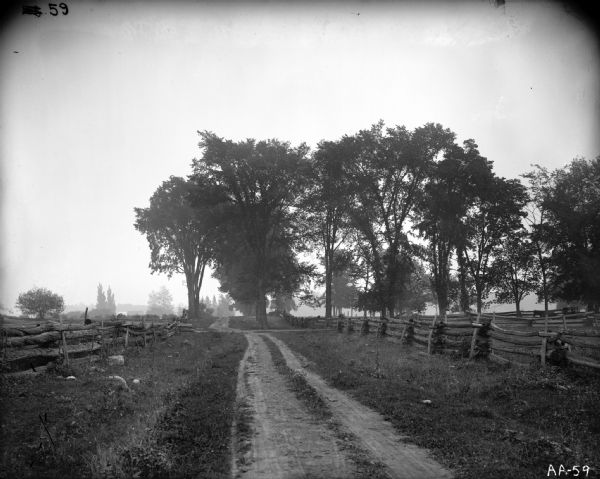 Scenic view of a dirt road bounded on either side by split-rail fences.
