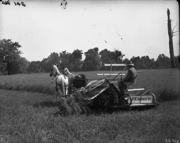 A farmer is operating a McCormick binder pulled by two horses in a field of grain. The gear mechanisms can be seen at the rear of the binder.