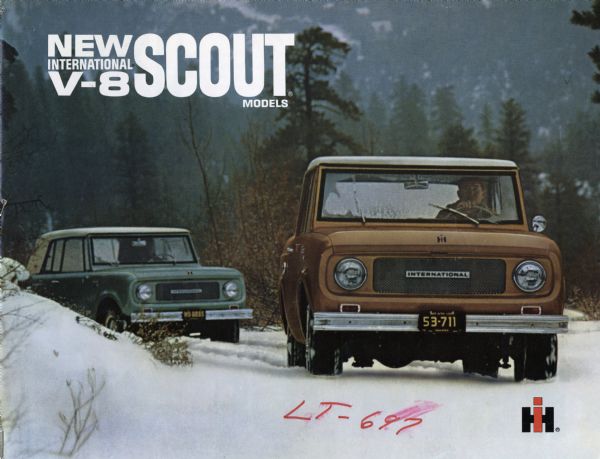 Front cover of a booklet advertising the International Harvester Scout V-8 truck. Color photograph shows two Scout vehicles with men driving through snow in a wooded area.