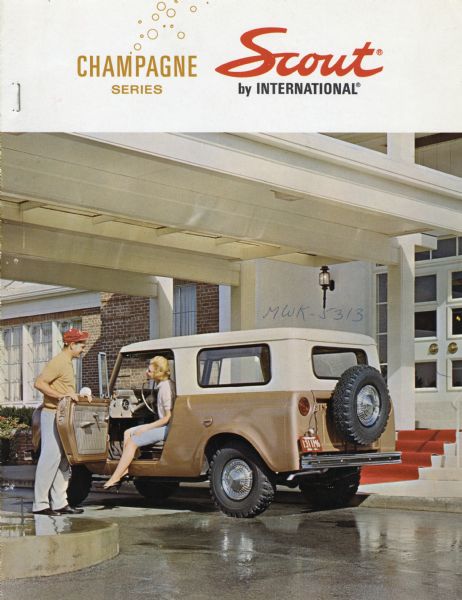 Front cover of an advertising booklet for the International Scout Champagne Series. The color illustration features a man in a baseball cap opening the vehicle's driver-side door for a woman to exit, in front of what looks like a roofed entrance to a hotel.