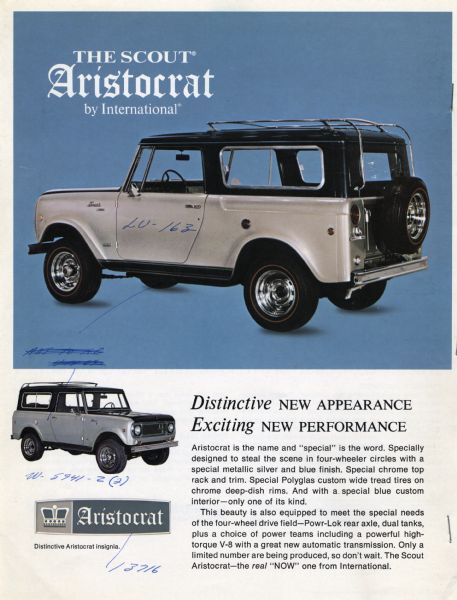 Full-page advertisement for the International Scout Aristocrat truck. Color photograph.