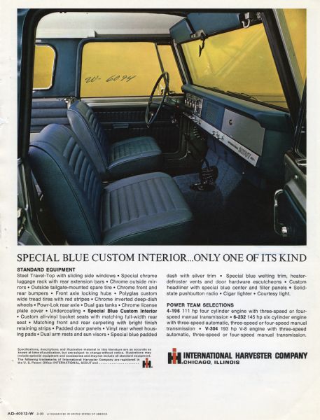 Advertisement for the International Scout Aristocrat featuring a color interior photograph and the text: "Special Blue Custom Interior... Only One of its Kind."