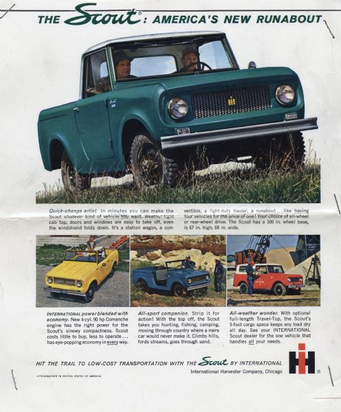 Full-page four color advertisement for the International Harvester Scout featuring four color photographs of the Scout in different scenes and the headline: "The Scout: America's New Runabout."