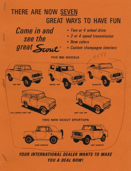 Advertisement displaying illustrations of the seven International Scout vehicle models, including five 800 models and two Sportops.