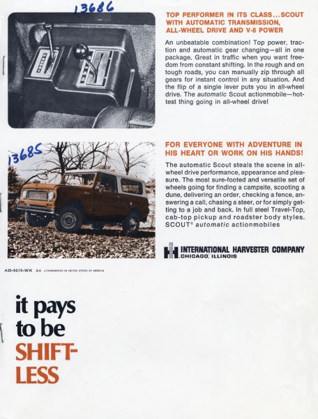 Full-page advertisement for the International Harvester automatic Scout truck, featuring the text: "it pays to be SHIFT-LESS" and two color photographs.