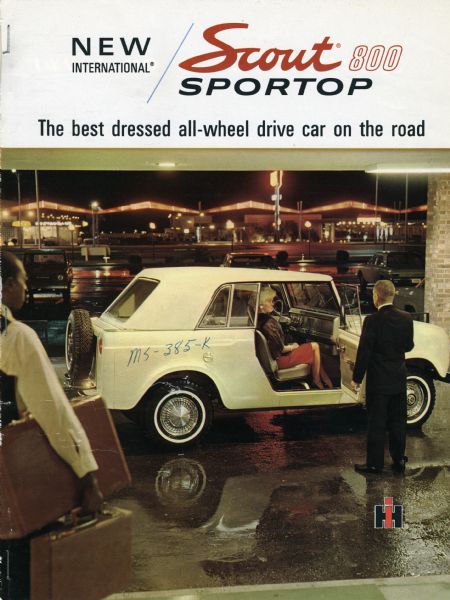 Cover of an advertising booklet for the International Harvester Scout 800 Sportop truck. A color photograph shows an elegantly dressed woman sitting in the vehicle while parked outside what appears to be a hotel.