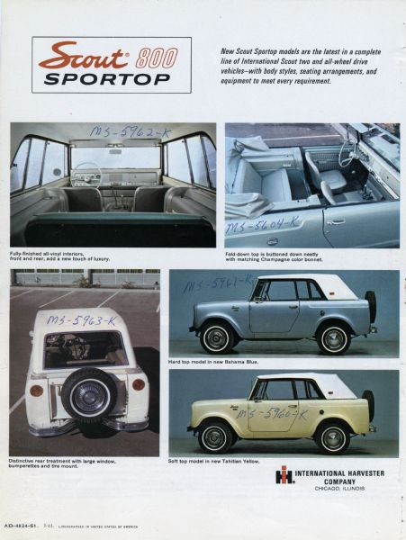 Back cover of an advertising booklet for the International Harvester Scout 800 Sportop truck. The page features five color photographs of various vehicle styles, views and colors.