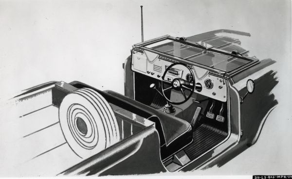 Sketch of the steering column placement in relation to dash instruments in the right-hand drive International Harvester Scout.