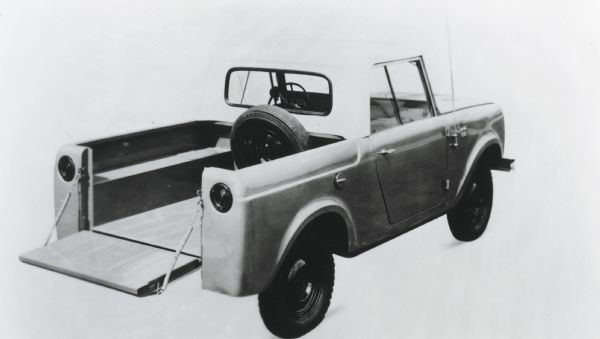 Promotional photograph of the International Harvester Scout seen from the back in order to display its five-foot-long integral pickup body.
