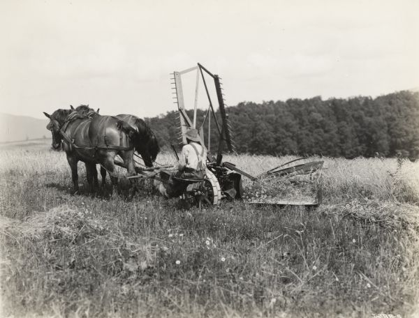 A production still for the Fox Hearst film "Romance of the Reaper". The film was produced by International Harvester at Walnut Grove to celebrate the Reaper Centennial. A man operates the replica reaper, which is pulled by a team of two horses.