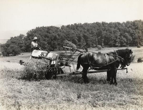 A production still for the Fox Hearst film "Romance of the Reaper". The film was produced by International Harvester at Walnut Grove to celebrate the Reaper Centennial. A man is operating a grain binder pulled by two horses.