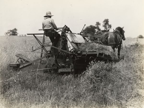 A production still for the Fox Hearst film "Romance of the Reaper". The film was produced by International Harvester at Walnut Grove to celebrate the Reaper Centennial. A man is operating a grain binder that is pulled by a two-horse team.