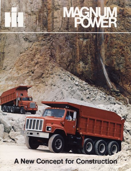 Cover of a brochure advertising International heavy-duty trucks for construction. Features color photograph of two dump trucks hauling gravel in a quarry. The text reads: "A New Concept for Construction".