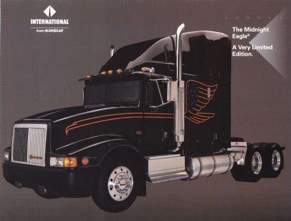 Brochure for the limited-edition "Midnight Eagle" International 9400 semi tractor. Color illustration features black cherry painted truck, with a reflective eagle on the side. It had a custom deluxe interior in a red berry leather. Only 250 were made.