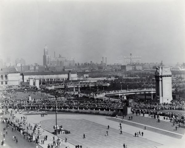 Elevated view of the American Legion Parade in Grant Park(?). The photograph was likely taken from the window of the International Harvester offices on Michigan Avenue.