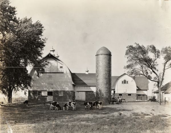 A man stands near several cows in front of a barn and silo. Two men converse near a tractor.