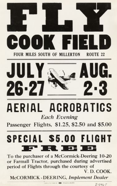 A poster advertisement for aerial acrobatics shows at Cook Field. A discount was offered to those who purchased a Farmall tractor during the period of the air show.