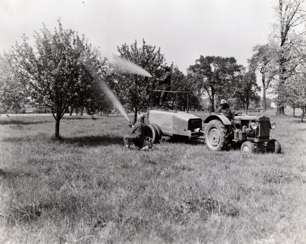 Three men operating an International I-14 industrial tractor and a 300-gallon beam sprayer in an apple orchard. One man is sitting on the tractor while the other two men are operating the sprayers.