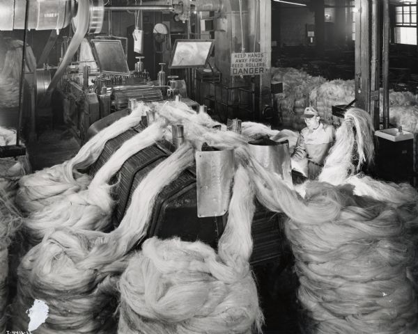 A worker feeds sisal into a machine, possibly at the McCormick Twine Mill. Original caption reads: "The slivers fed into a second breaker receive another thorough combing to straighten fibers and make them smooth and even. Mirror in the background permits operators to make sure that the sliver is feeding properly into the machine."