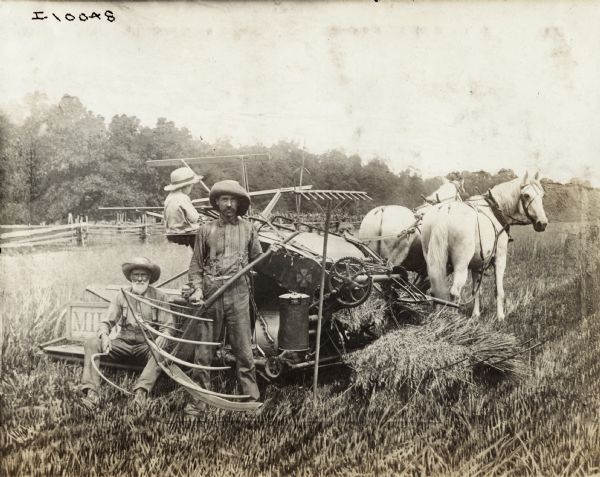 Two men and a child, all wearing hats, are at the back of a Milwaukee grain binder. One man is standing with a cradle in his hands. An older man with a beard is sitting on the back of the grain binder holding a sickle, and a child is sitting on the seat holding the reins of the horses.