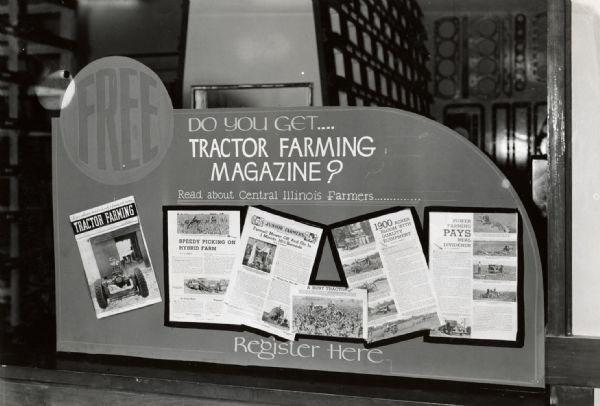 Display advertising <i>Tractor Farming Magazine</i>. The original caption reads: "Tractor Farming display designed by N.H. Schmidt for the Peoria B/H."