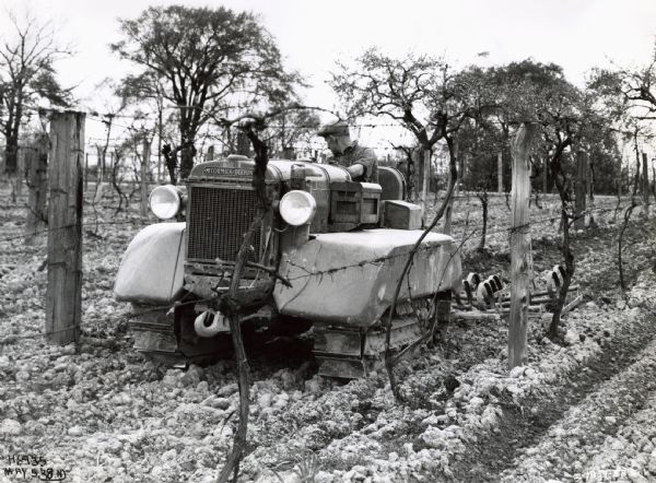 A man uses a Farmall T-20 TracTracTor (crawler tractor) with orchard fenders owned by the T.G. Bright Wine Company to work in a vineyard(?).