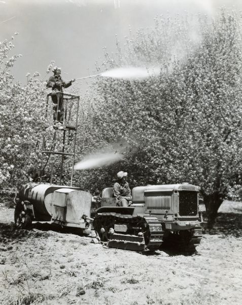 A man stands on a stand on top of a tank pulled by a T-20 TracTracTor (crawler tractor). The man is using a Hardie Mogul sprayer with a regular 400-gallon tank and 700-pound pressure to apply pesticide(?) to fruit trees. Another man is driving the tractor through the orchard.