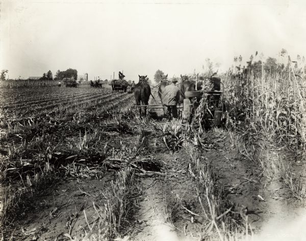 A man operates a horse-drawn corn binder in a field while others load stalks into wagons. A silo and two barns are in the background.
