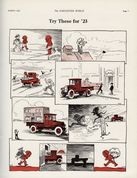 Color cartoon from "Harvester World" magazine demonstrating the value of the Red Baby truck to International Harvester dealerships. The cartoon is titled "Try These for '23."