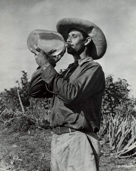 A worker in a hat stands and takes a drink out of a clear glass jug on an International Harvester sisal plantation in Cuba. Original caption states: "One of the Native workers takes time out for a drink of water.  The operation in the background is clearing out brush and planting a new field of hennequen."