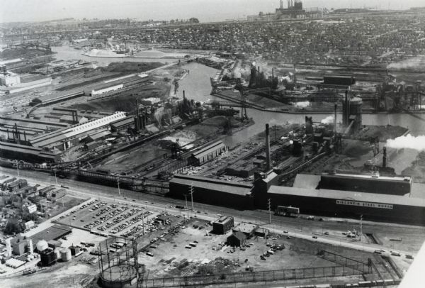 Aerial view of International Harvester's Wisconsin Steel Works (factory).