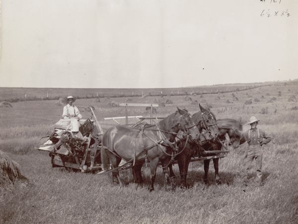 Two men are operating a horse-drawn McCormick twine grain binder in a field.