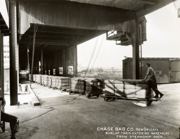 A man rides on the back of a train of carts loaded with burlap sacks as it enters the Chase Bag Company warehouse from the steamship dock.