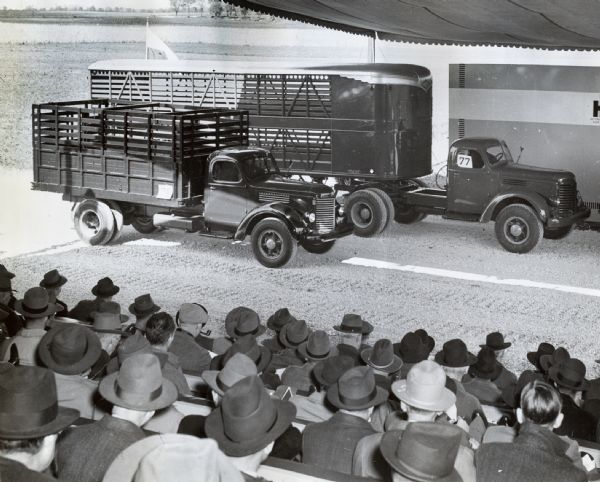 A group of men sit in bleachers in a tent to view a demonstration involving two International trucks on International Harvester's Hinsdale experimental farm.