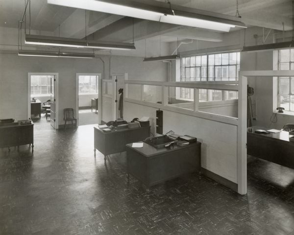 Interior view of an office setting at International Harvester's Education and Training Center.