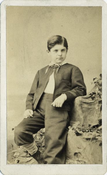 Studio portrait of a young boy, possibly Stanley McCormick. He is leaning against what appears to be a fake rock formation, and is wearing a suit jacket, necktie, and short pants.