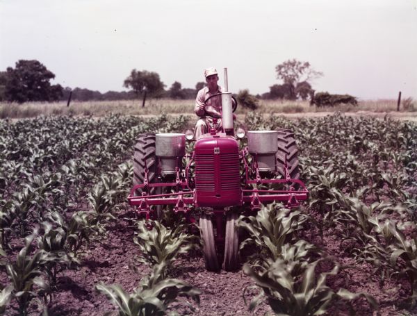 View towards a man using a McCormick Farmall Super C tractor with a C-254 cultivator in a cornfield. The original caption reads, "C-254 Cultivator on Farmall Super C in corn - last cultivation."