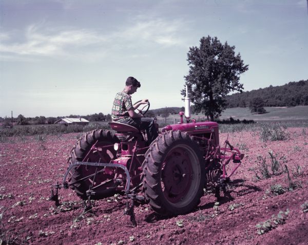 View towards a man operating a McCormick Farmall Super C tractor with a C-254 cultivator. The original caption reads: "C-254 two-row cultivator with No.10 tooling equipment and No.10 rotary weeders.  First cultivation in cotton on 160-acre farm owned by T.H. Chandler, Rt.1, Box 157, Huntsville, Ala."