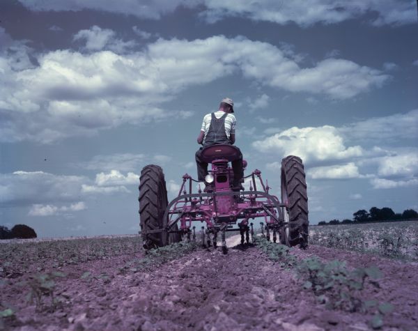 View towards a man using a McCormick Farmall Super C tractor with a C-254 cultivator. The original caption reads: "C-254 two-row cultivator on Super C with wide front axle.  First cultivation in contoured cotton on 200-acre farm of J.A. Coon, Star Route, Atmore, Ala."