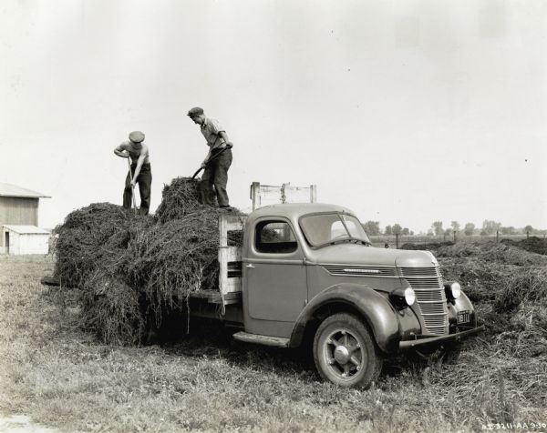 Two men loading the back of an International truck with hay in a field on the George Clindaniel farm.